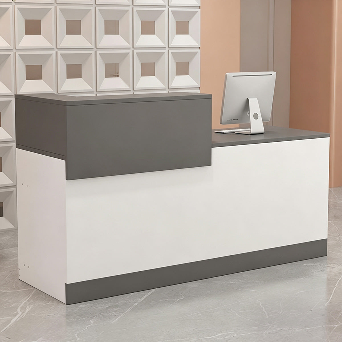 Refined Reception Desk with Dual-level Countertop, Silent Keyboard Tray, Private Drawers & Spacious Storage Cabinets for Salon and Retail Spaces