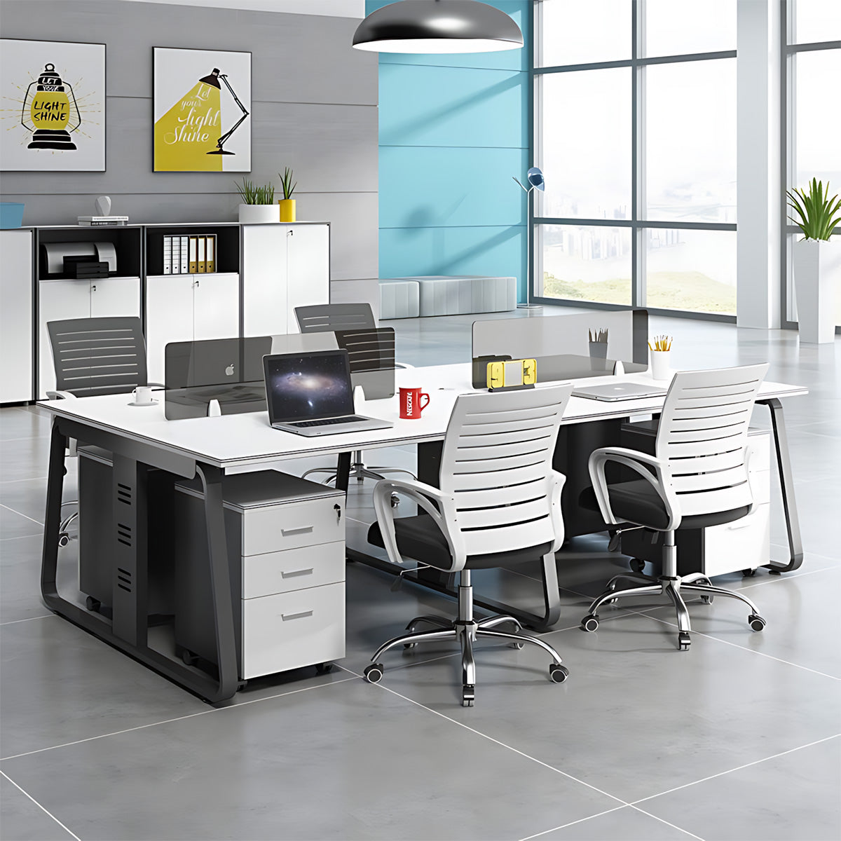 Modern Office Workstation Desk with Acrylic Dividers, Storage, and Cable Management