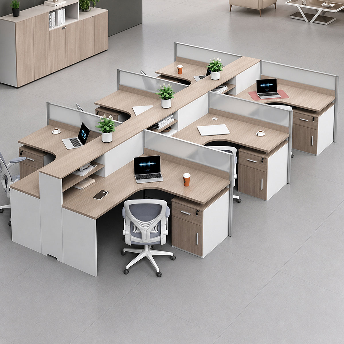 Modern Office Workstation Desk with L-Shaped Desktop, Frosted Privacy Panel, Storage Cabinet, and Durable Design