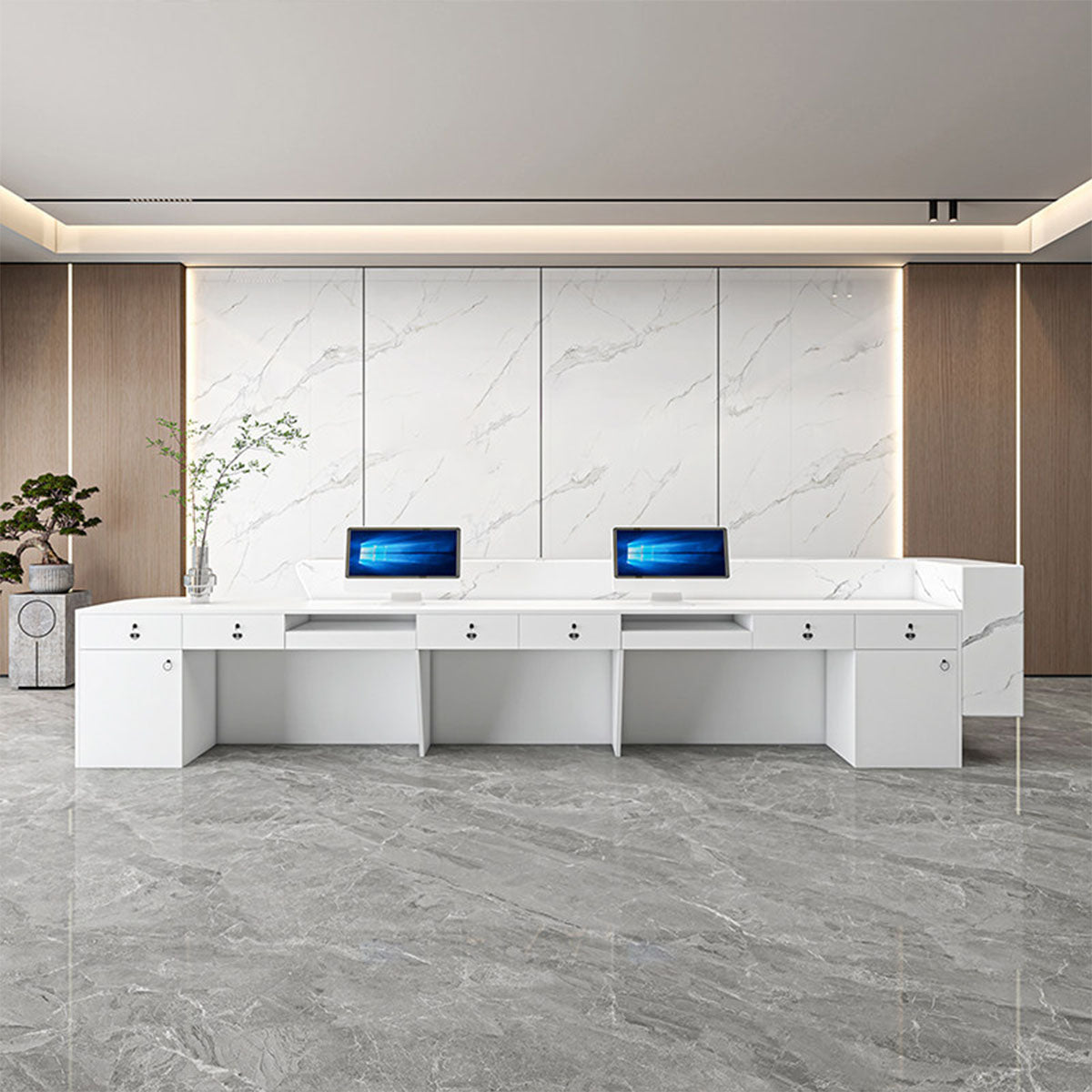 Refined Reception Desk with LED Lighting, Raised Counter and Ample Storage