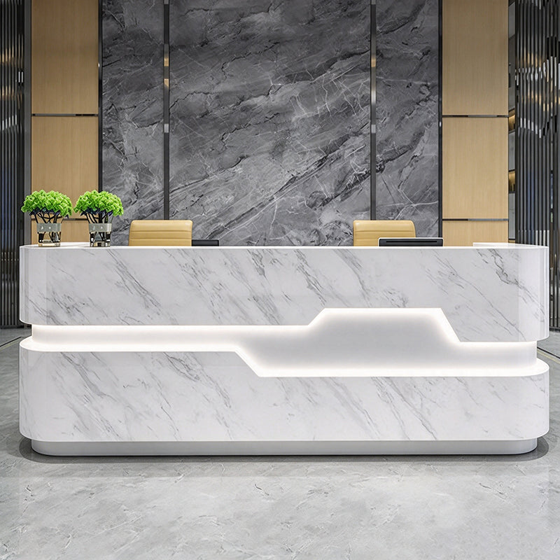 Luxury 63"–197" L Reception Desk with Glossy Piano Finish, Lockable Storage for Commercial Spaces