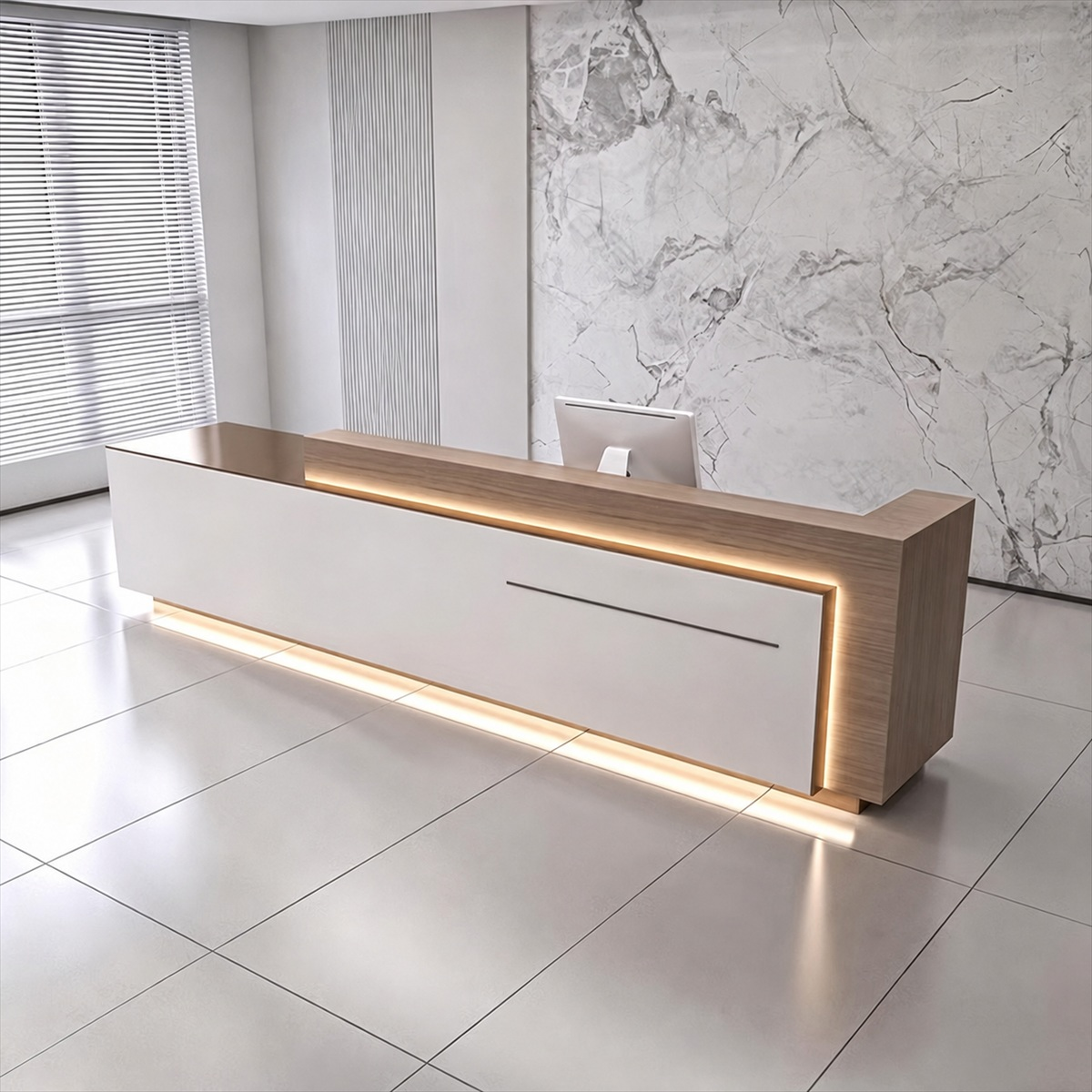 Contemporary Reception Desk with LED Lighting, Custom Logo and Ample Storage