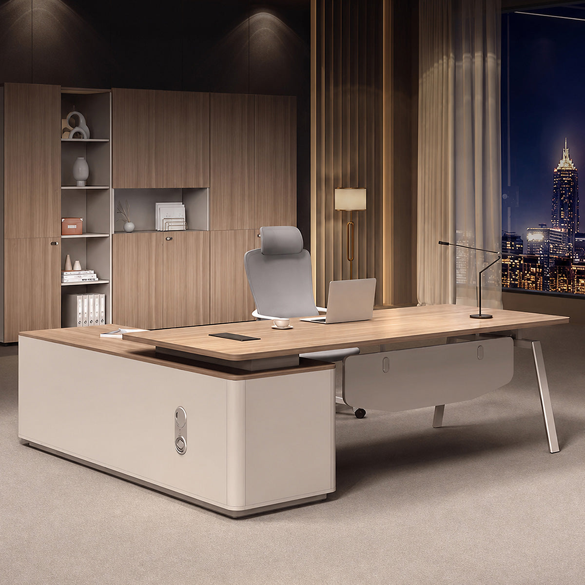 Refined Executive Desk with 1" Thick Desktop, Sliding Multimedia Cable Box, Privacy Front Panel & Large Storage Cabinet for Professional Offices