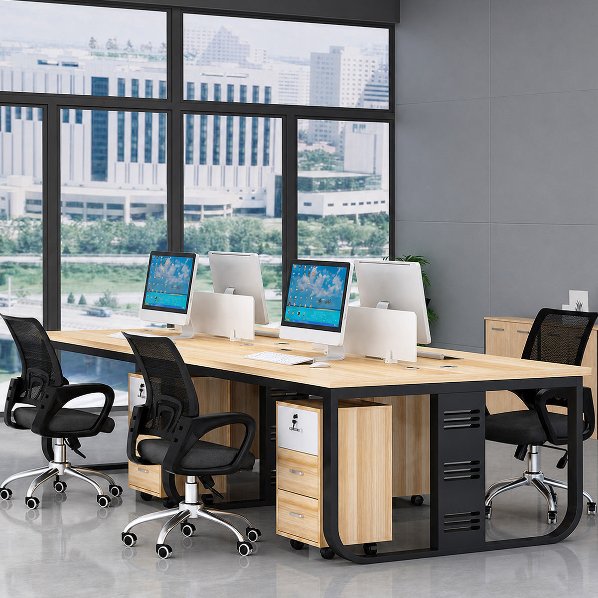 Refined Office Workstation Desk with Privacy Panels and Mobile Storage Cabinets