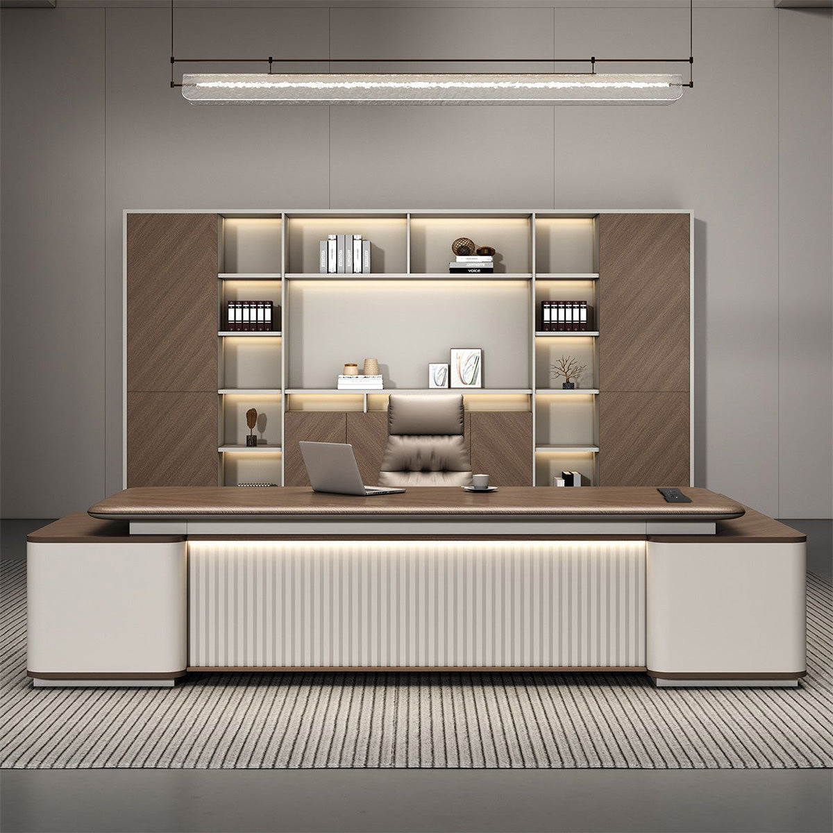 Sophisticated Executive Desk with 3D Membrane Surface, Multimedia Cable Box, Privacy Front Panel & Dual-side Storage Cabinets for Executive Offices