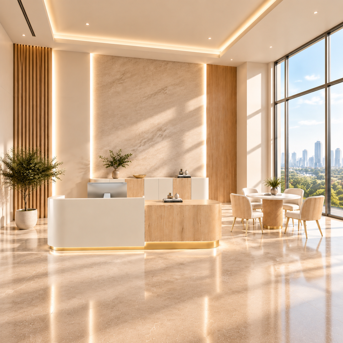 Modern Office Reception Furniture Set with Reception Desk, Storage Cabinet, Round Meeting Table and 4 Chairs