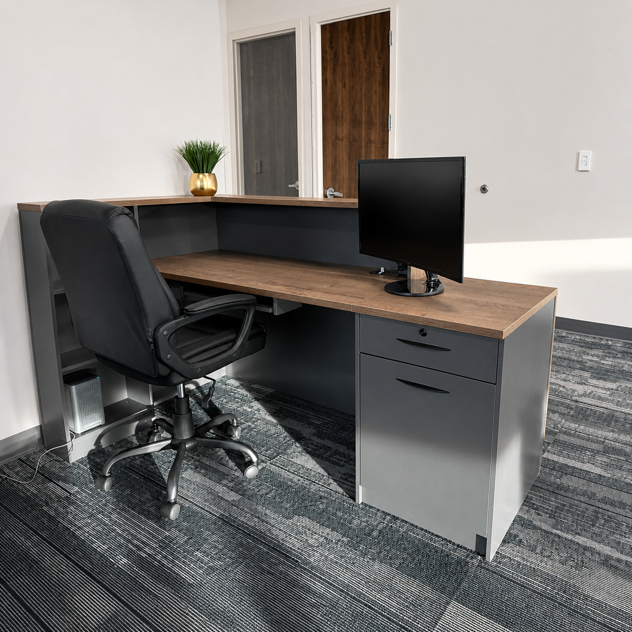 Modern L-Shaped Reception Desk with Side Cabinet and Drawers