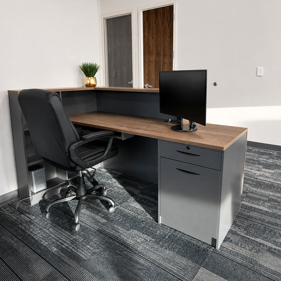 Modern L-Shaped Reception Desk with Side Cabinet and Drawers