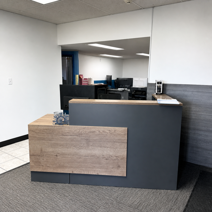 Modern L-Shaped Reception Desk with Side Cabinet and Drawers