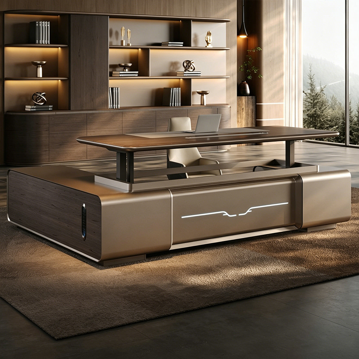 Luxury Sit-Stand Executive Desk with LED Accent Panel and Matching Storage Hutch