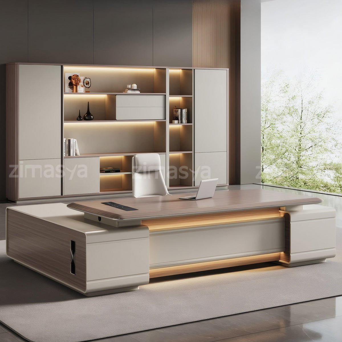 Modern Minimalist Executive Desk with LED Lighting and Side Cabinet