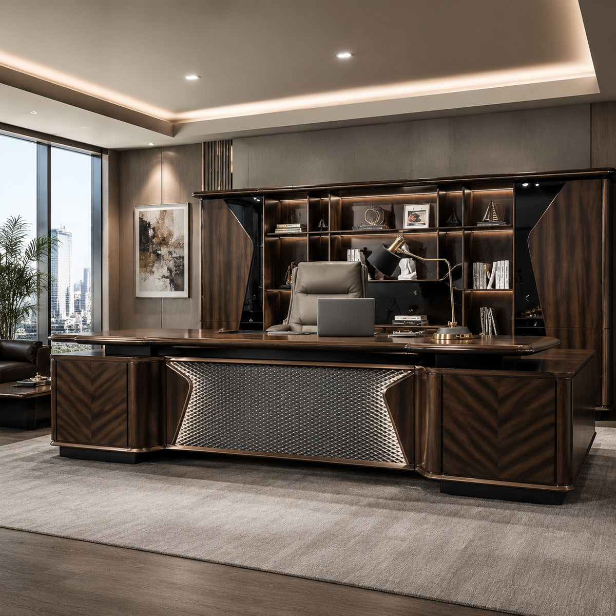Luxury Executive Desk with LED Lighting and Sculpted Front Panel