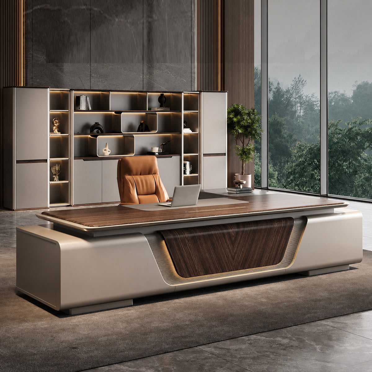 Modern Luxury Executive Desk with Natural Wood Veneer & Integrated LED Lighting