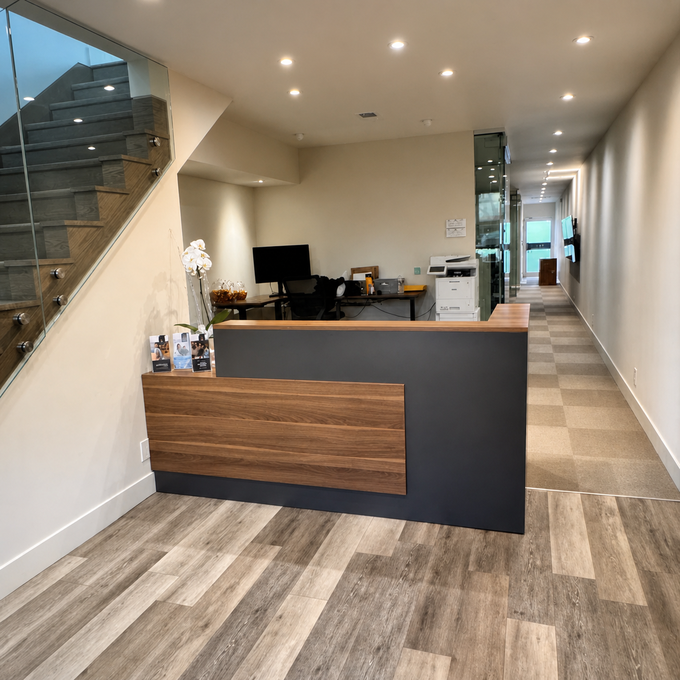 Modern L-Shaped Reception Desk with Side Cabinet and Drawers