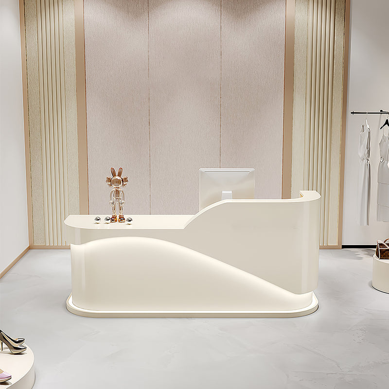 Curved salon reception desk front view with solid wood frame