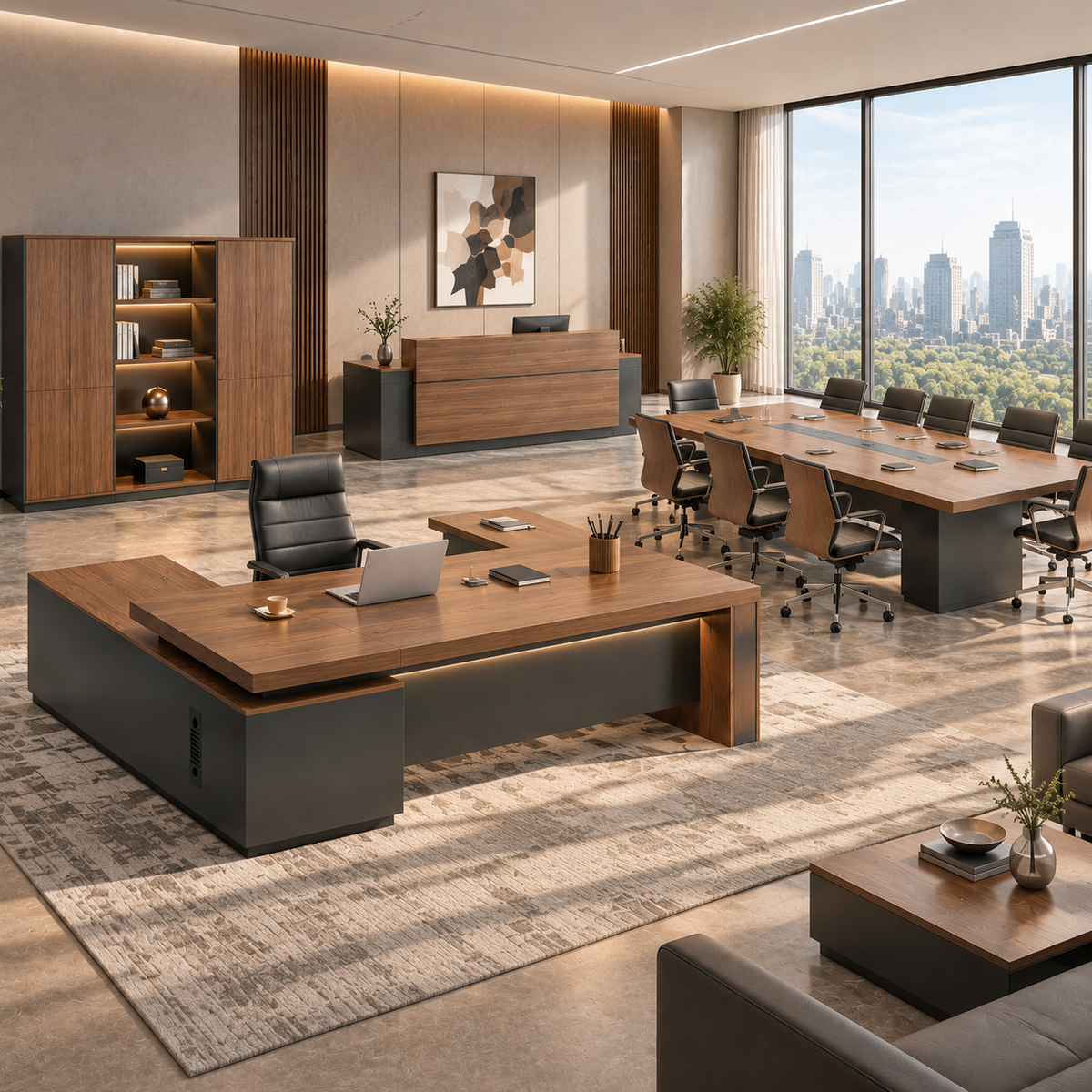 Modern Executive Office Furniture Set with Executive Desk, Reception Desk, Storage Cabinet and Conference Table