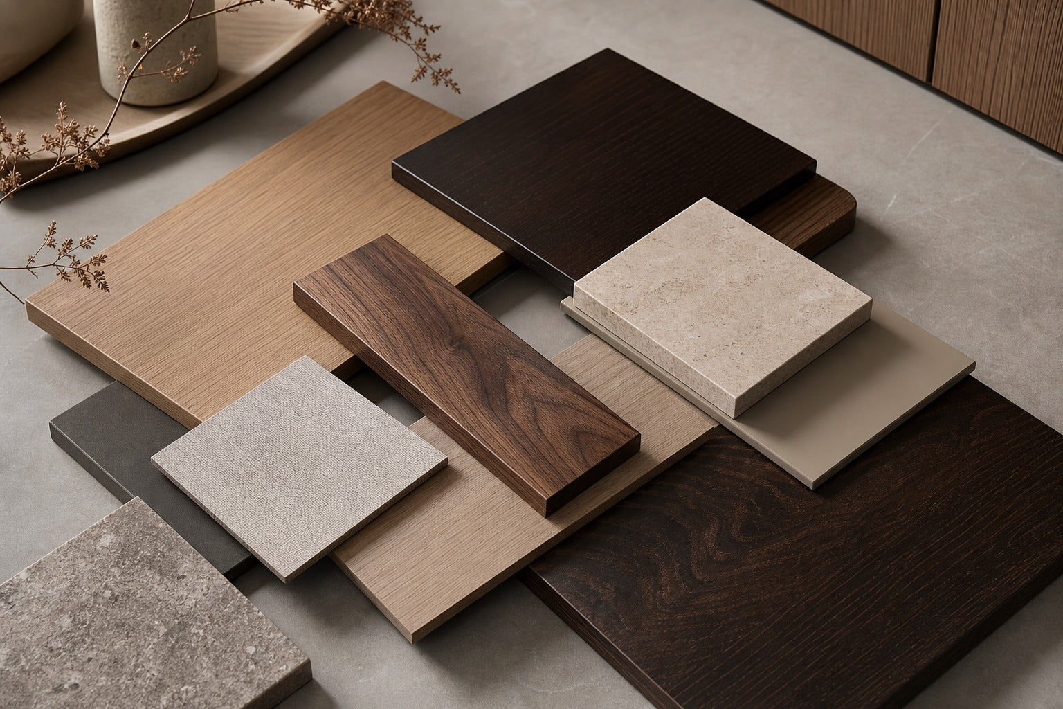 Wood, stone, and finish material samples