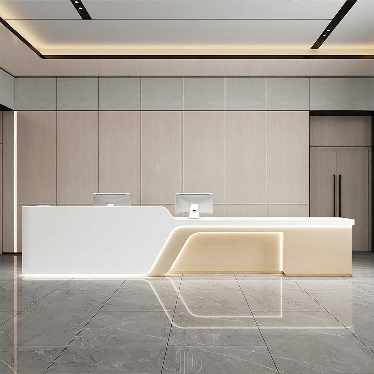 Zimasya reception desk with LED light in a modern lobby