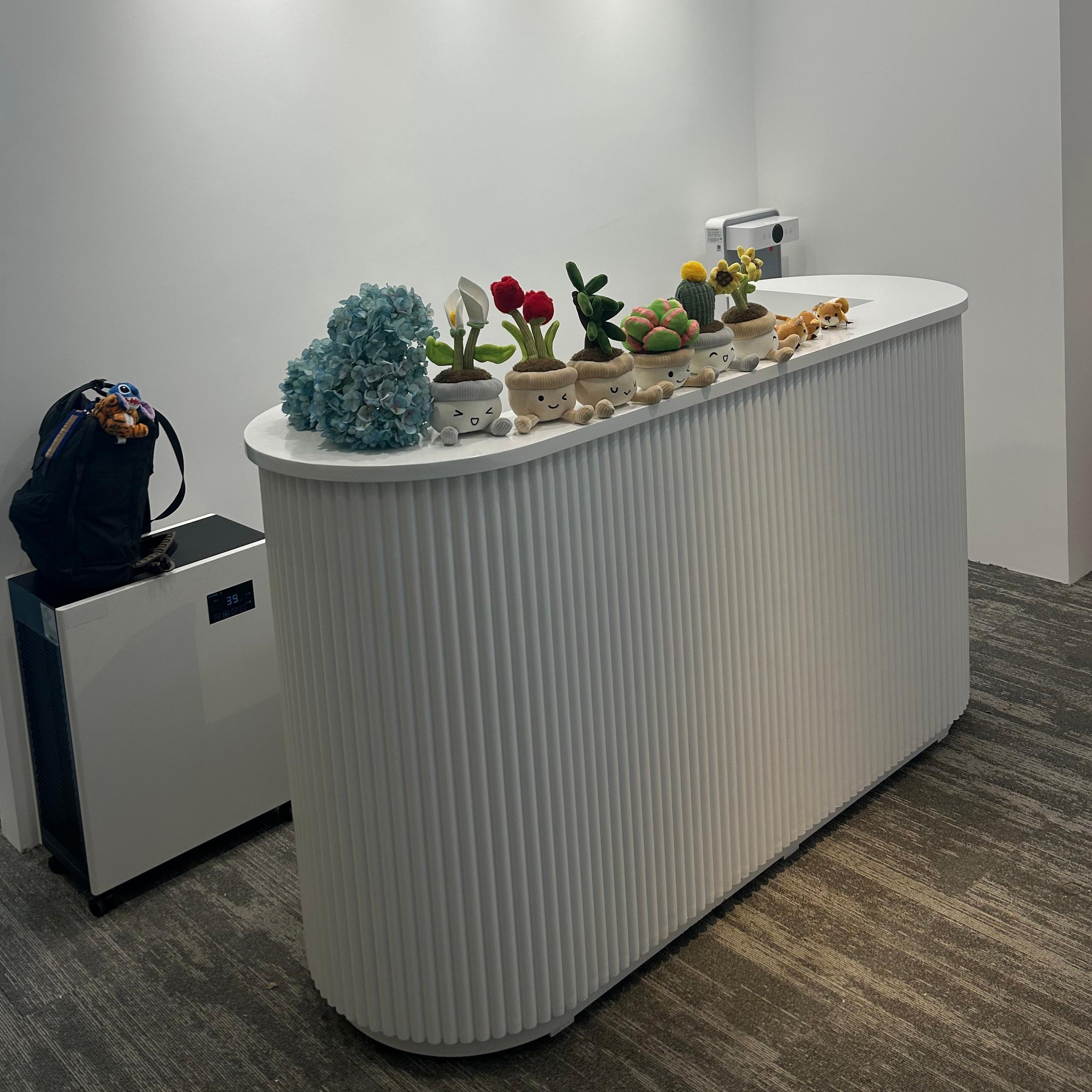 Modern white curved reception desk with decor